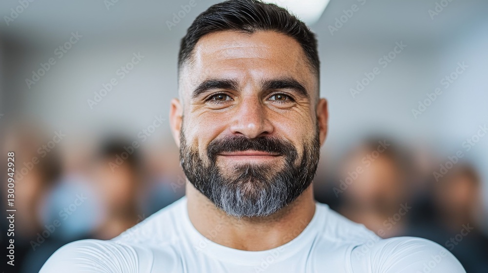 A smiling man with a beard in a white shirt, exuding confidence and warmth, stands out against a blurred crowd. A smiling man with a beard in a white shirt, exuding confidence and warmth, stands out against a blurred crowd.