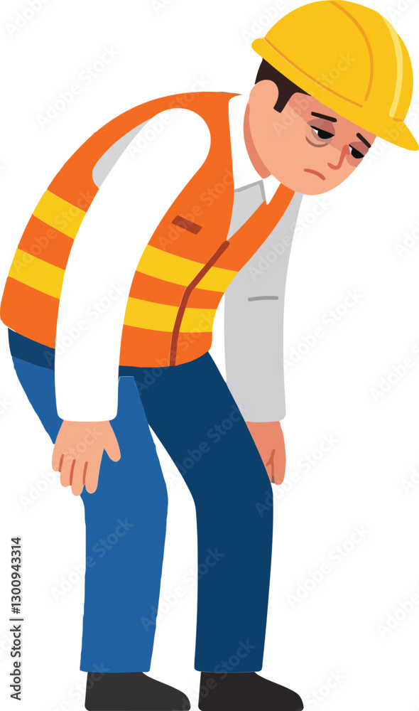Construction worker wearing a safety helmet and vest, appearing fatigued and leaning forward in a flat vector illustration depicting labor fatigue and hard work