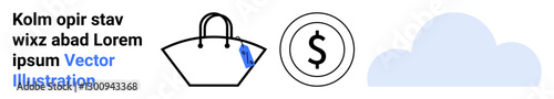 Shopping bag with price tag, dollar coin, and cloud icon represent e-commerce, financial transactions, digital solutions, data storage, online shopping, and economic concepts. Ideal for flat landing