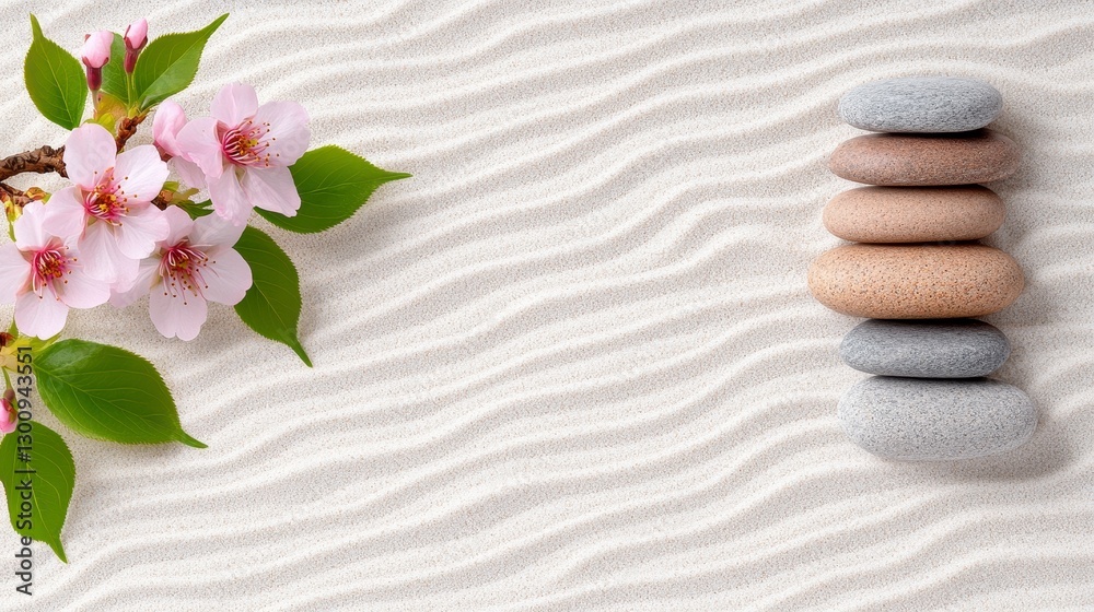 Fototapeta premium Pink Cherry Blossom Branch and Stacked Stones on White Sand Zen Garden