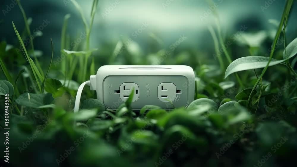 Electrical outlet surrounded by green plants. Eco-friendly energy concept for Earth Day. Sustainable power in nature, environmental conservation.