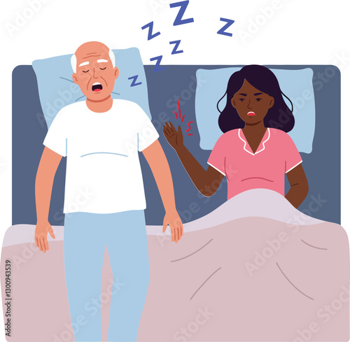 A man snoring loudly while a woman looks annoyed in their bedroom, flat design vector illustration depicting a humorous nightly scenario