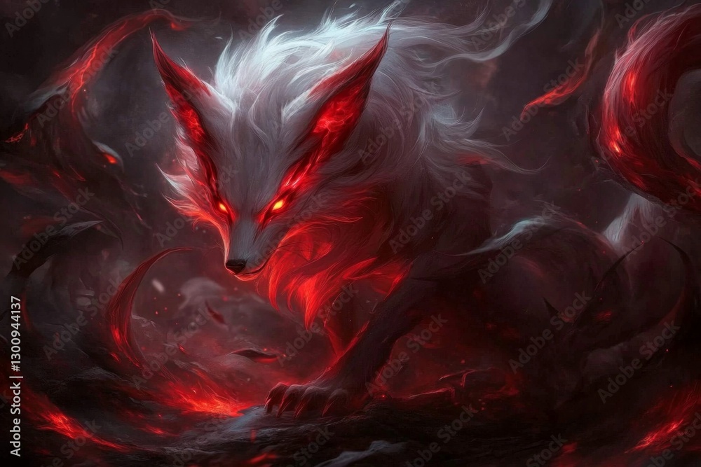 Fototapeta premium A gothic depiction of a nine-tailed fox standing in a shadowy forest, with glowing red eyes and tails swirling ominously