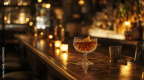dimly lit speakeasy bar counter with crystal glass cocktail