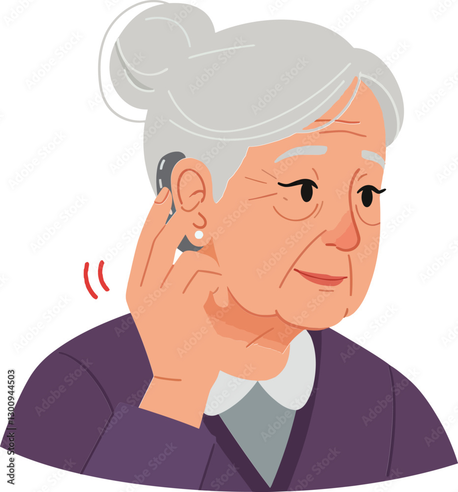 Elderly woman with gray hair and hearing aid in a purple sweater listening attentively in a minimal flat vector illustration Elderly woman with gray hair and hearing aid in a purple sweater listening attentively in a minimal flat vector illustration