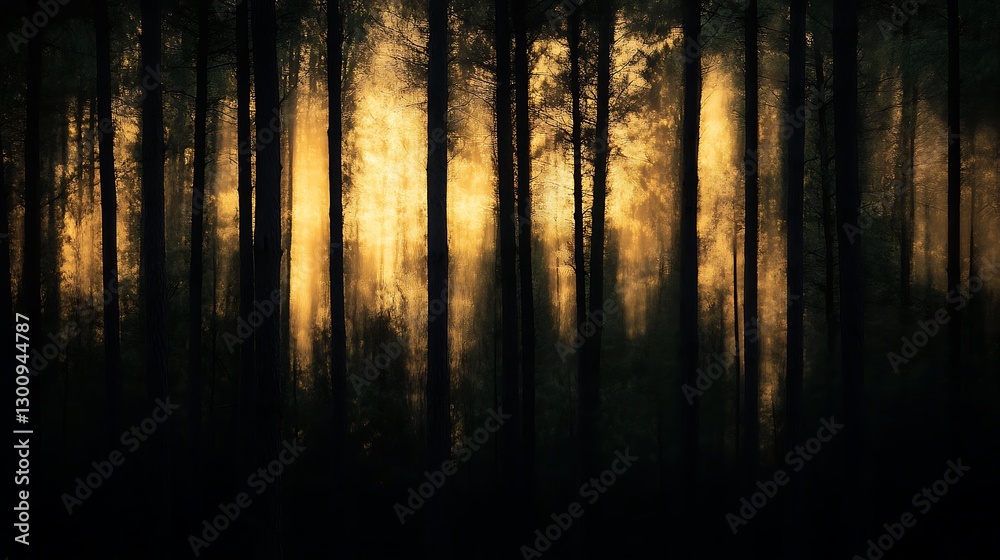 Fototapeta premium Golden sunset light filtering through a dense pine forest, creating a mystical atmosphere.