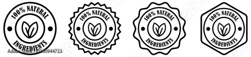 100 percent natural ingredients insignia collection set. 100 natural product seal. Organic product certification badge. Eco friendly quality stamp. Vector illustration. Green vegan approval label