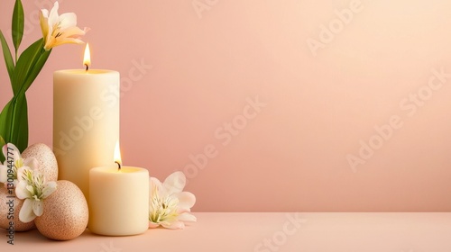 Serene Still Life with Lit White Candles and Delicate Flowers on Pink Background