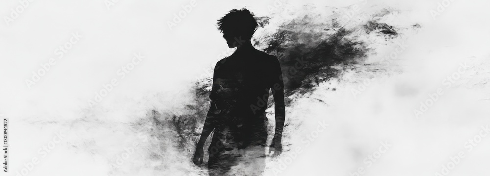Fototapeta premium A man is standing in the middle of a blurry, dark background. The image has a moody and mysterious feel to it, as if the man is lost in thought or wandering aimlessly