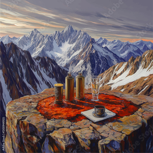 Spectacular Mountain Vista with Coffee and Two Cans on Rocky Ledge at Sunrise | Perfect Nature Landscape Art Capturing Tranquil Outdoor Morning Serenity