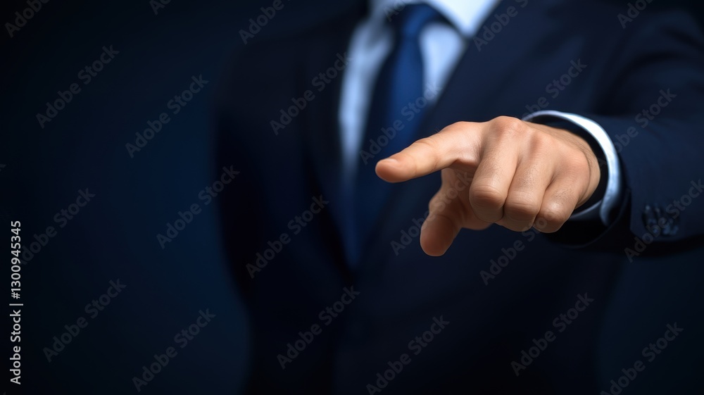 Fototapeta premium IT infrastructure concept. A businessman gestures assertively with a pointed finger against a dark backdrop.