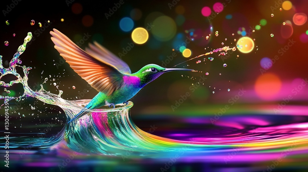 Obraz premium Vibrant hummingbird in flight, splashing colorful water, abstract bokeh background