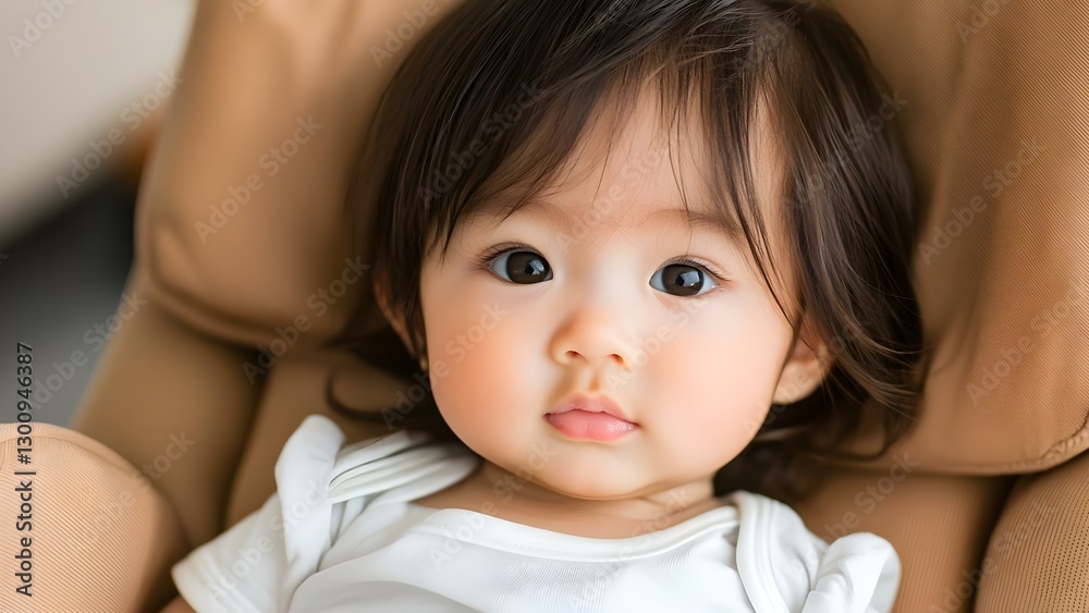 A close-up of a baby with expressive eyes and dark, silky hair, sitting in a cozy chair. Concept Baby Portrait, Expressive Eyes, Silky Hair, Cozy Atmosphere, Close-Up Photography A close-up of a baby with expressive eyes and dark, silky hair, sitting in a cozy chair. Concept Baby Portrait, Expressive Eyes, Silky Hair, Cozy Atmosphere, Close-Up Photography