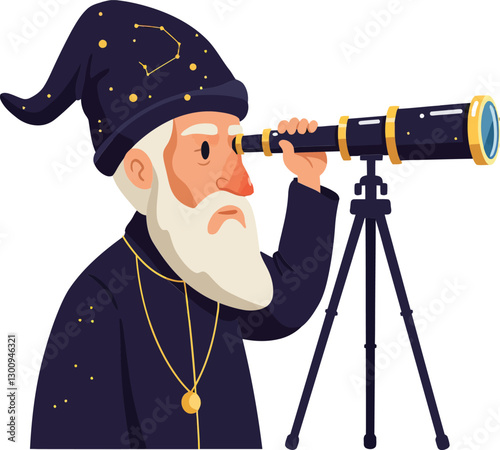 An elderly wizard wearing a starry robe gazes through a telescope in a whimsical, colorful flat vector illustration of magical exploration and curiosity