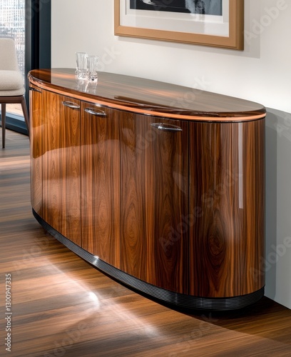 Dark Brown Wooden Cabinet with Curved Design and Black Accents