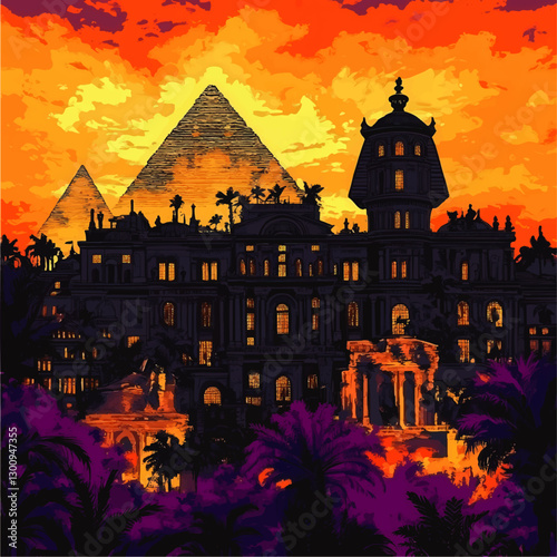 Stunning Vector Art of Ancient Egyptian Pyramids at Sunset with Palatial Architecture and Lush Palms - Mystical Egyptian Sunset Scene with Scenic Backdrop