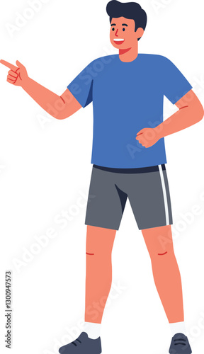 Energetic young man in blue t-shirt and shorts gesturing confidently with a smile in flat vector art