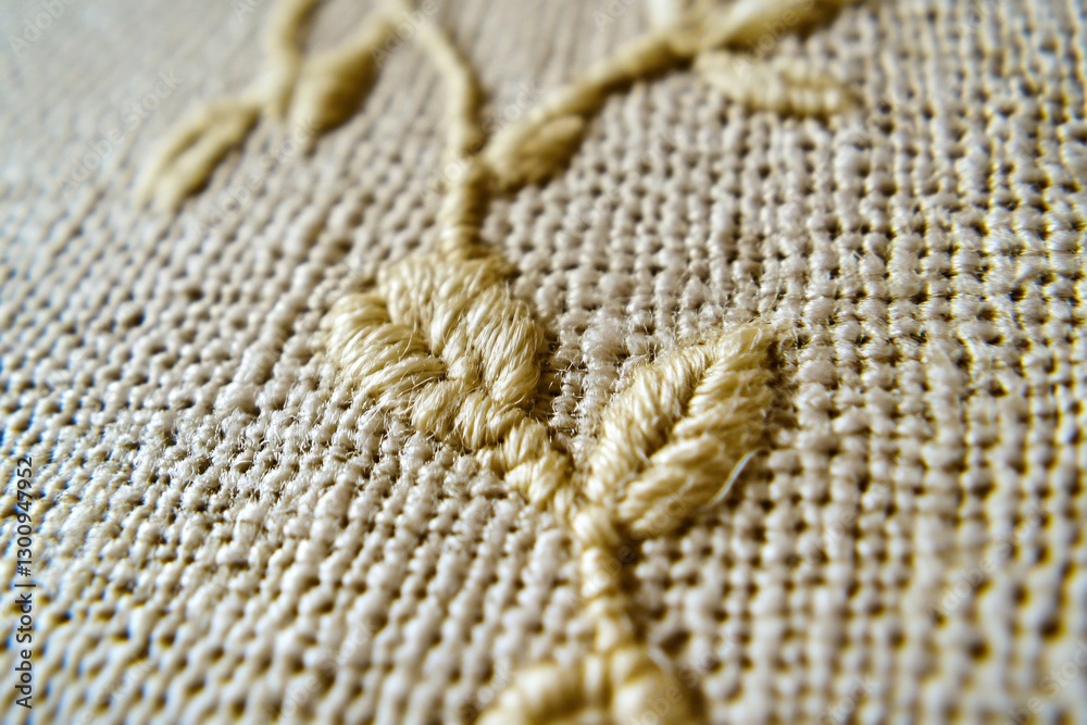 Textured Elegance: A close-up shot of a textile with delicate, embroidered leaves and vines, showcasing the artistry and detail of needlework.