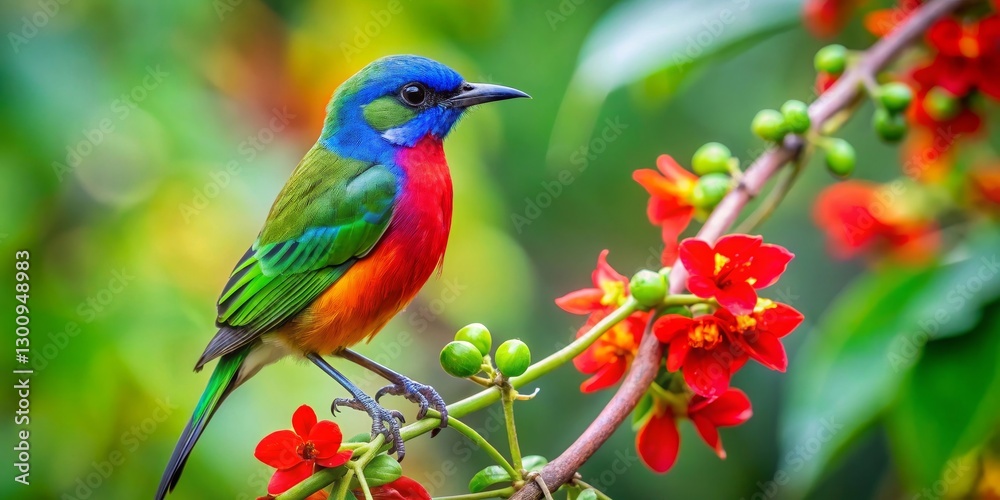 Fototapeta premium Vibrant tropical bird perched on a branch adorned with scarlet blossoms, showcasing its iridescent plumage in a lush green environment