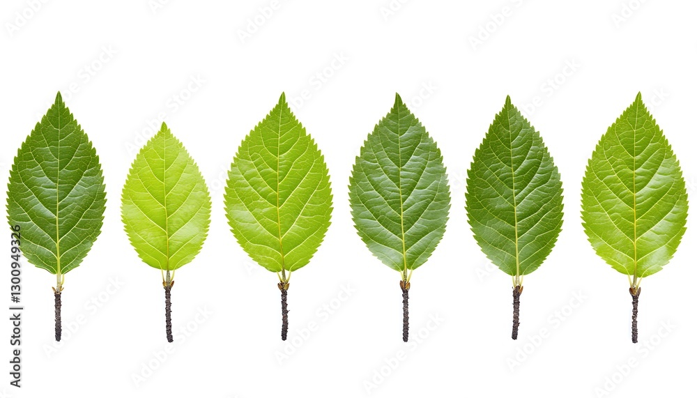 Fototapeta premium Green leaves arranged horizontally on white background