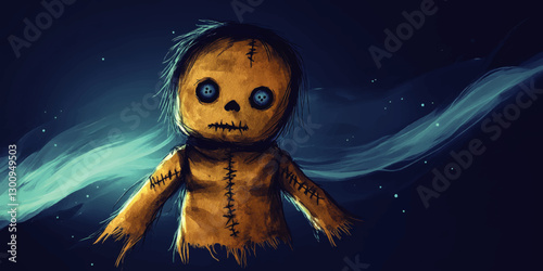 Eerie Cartoon Voodoo Doll Vector Art with Stitch Eyes and Torn Fabric in Dark Mysterious Background, Ethereal Blue Light and Hair Detail for Halloween Decor