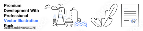 Factory chimneys producing smoke, water body, minimalist leaf and document with signature. Ideal for industry, sustainability, contracts, energy, legal, production environmental efforts flat