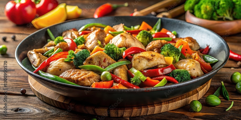 Chicken and mixed vegetables stir-fry in a skillet with sizzling ingredients, savory sauce, and aromatic spices, creating a mouth-watering dish, chicken stir-fry, skillet cooking
