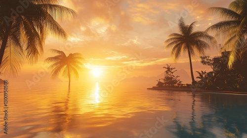Tropical Paradise Sunset: Golden Hues and Tranquil Palm-Lined Coastline
