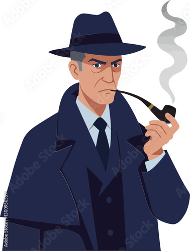 A serious man in a dark trench coat and fedora smoking a pipe in a minimal flat design vector illustration
