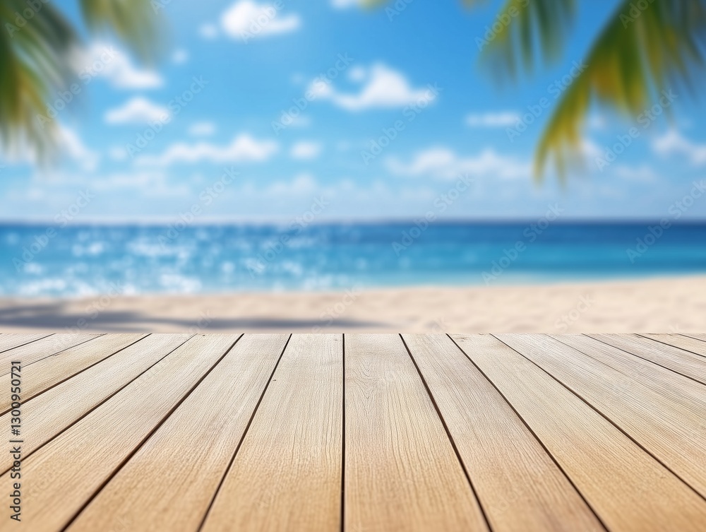 Wooden planks with ocean backdrop under blue sky. Wooden planks with ocean backdrop under blue sky.