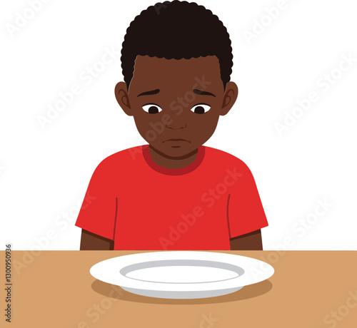 A young boy with a solemn expression sitting at a wooden table staring at an empty plate in a flat vector illustration