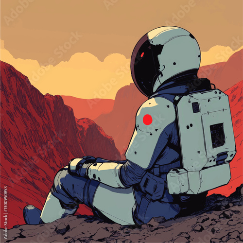 Stunning Vector Illustration of Astronaut in Spacesuit Relaxing on Martian Canyon Edge at Sunset in Vibrant Colors - Exploring Outer Space Adventure