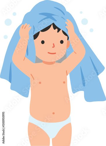 Happy young boy playfully drying himself with a blue towel after a bath in a minimal flat design vector art