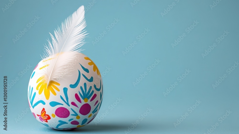 Fototapeta premium White Easter Egg with Colorful Floral Pattern and Feather on Light Blue Background