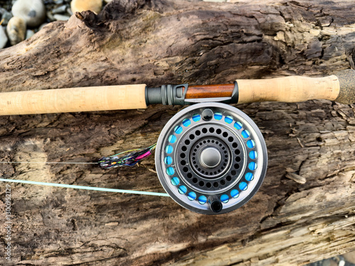 Fly fishing rod and reel laying on a dead tree