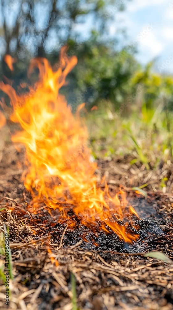 Fire burns dry grass field, sunny day, natural background Fire burns dry grass field, sunny day, natural background