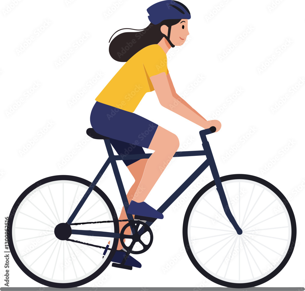 A young woman in a yellow shirt riding a bicycle in a flat and minimal design style, showcasing motion and energy in vector art
