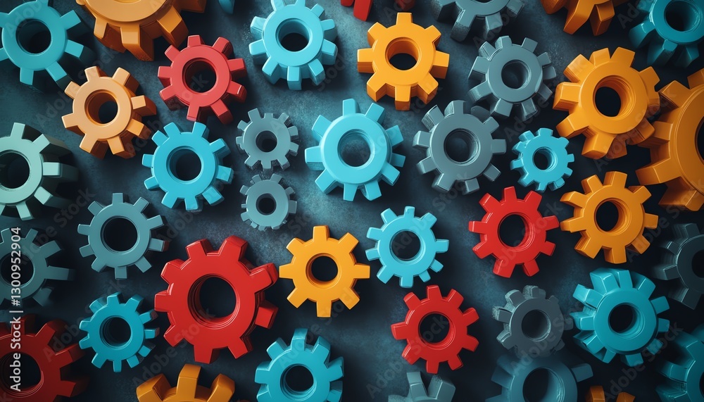 Many people blocks and gear icons from top view, teamwork and growth strategy concept, business collaboration, innovation, strategic planning imagery Many people blocks and gear icons from top view, teamwork and growth strategy concept, business collaboration, innovation, strategic planning imagery