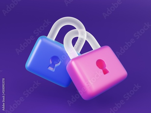 3D isometric icon, two padlocks, blue and pink color scheme, light purple background.
