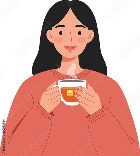 A smiling woman with long dark hair holding a steaming cup of tea in a cozy setting, illustrated in a flat vector art style