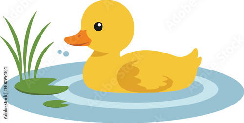 A cheerful yellow duck swimming in a serene pond surrounded by green grass in flat vector art