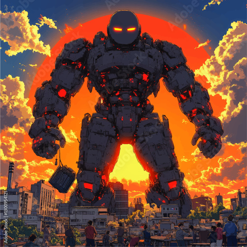 Awe-Inspiring Giant Robot Over Cityscape with Sunset Sky - Futuristic Mecha Sci-Fi Art Vector with Vibrant Colors and Detailed Urban Background