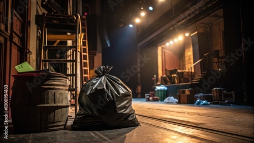 Garbage bag backstage at a theater, highlighting the contrast between performance preparation and backstage realities.