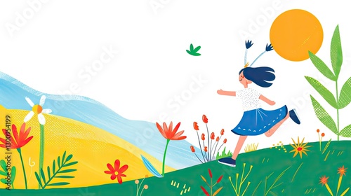 Joyful child running through colorful flowers sunny hillside illustration whimsical bright concept