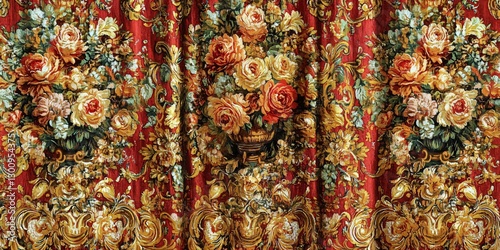 Crimson Tapestry of Floral Elegance: Intricate tapestry showcases vibrant bouquets of roses and other flowers against a rich, ornate red background, creating a sense of lavishness.