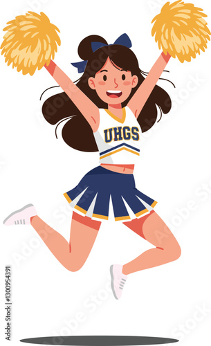 Cheerleader in a dynamic pose with pom-poms wearing a blue and yellow uniform in a flat design vector art