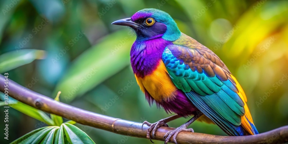 Vibrant plumage of a tropical bird perched on a branch, showcasing iridescent feathers in a symphony of colors against a lush green backdrop. Vibrant plumage of a tropical bird perched on a branch, showcasing iridescent feathers in a symphony of colors against a lush green backdrop.