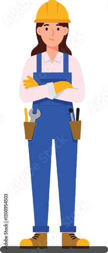 Female construction worker in blue overalls and yellow hard hat, standing confidently with arms crossed in a flat vector illustration