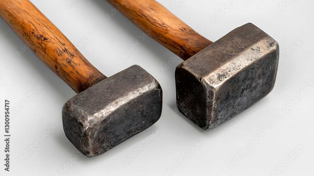 Pair of large sledgehammers with heavy metal heads and wooden handles used for construction and farm work UHD 4K Image Pair of large sledgehammers with heavy metal heads and wooden handles used for construction and farm work UHD 4K Image