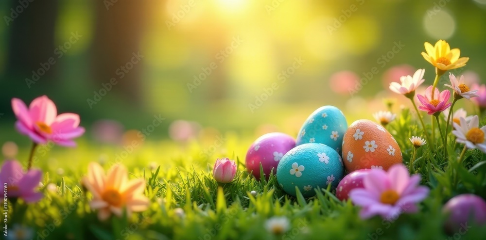 Sun-dappled garden, vibrant Easter eggs nestled in blooms, springtime, festive